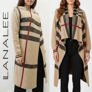 Lanalee Women's Beige Plaid Knit Cardigan Sweater Poncho